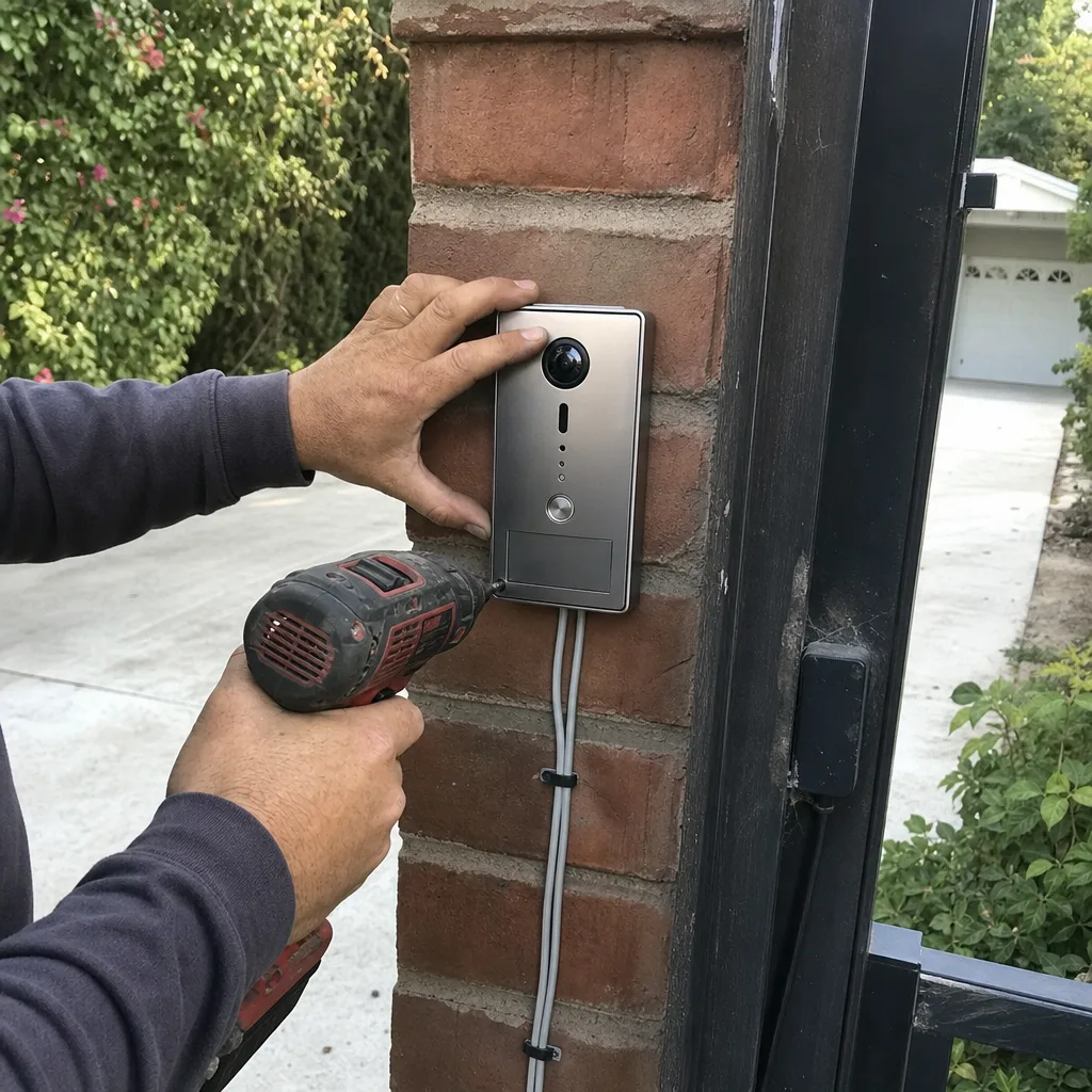 Technician installing a gate access control camera system on a brick pillar nationwide