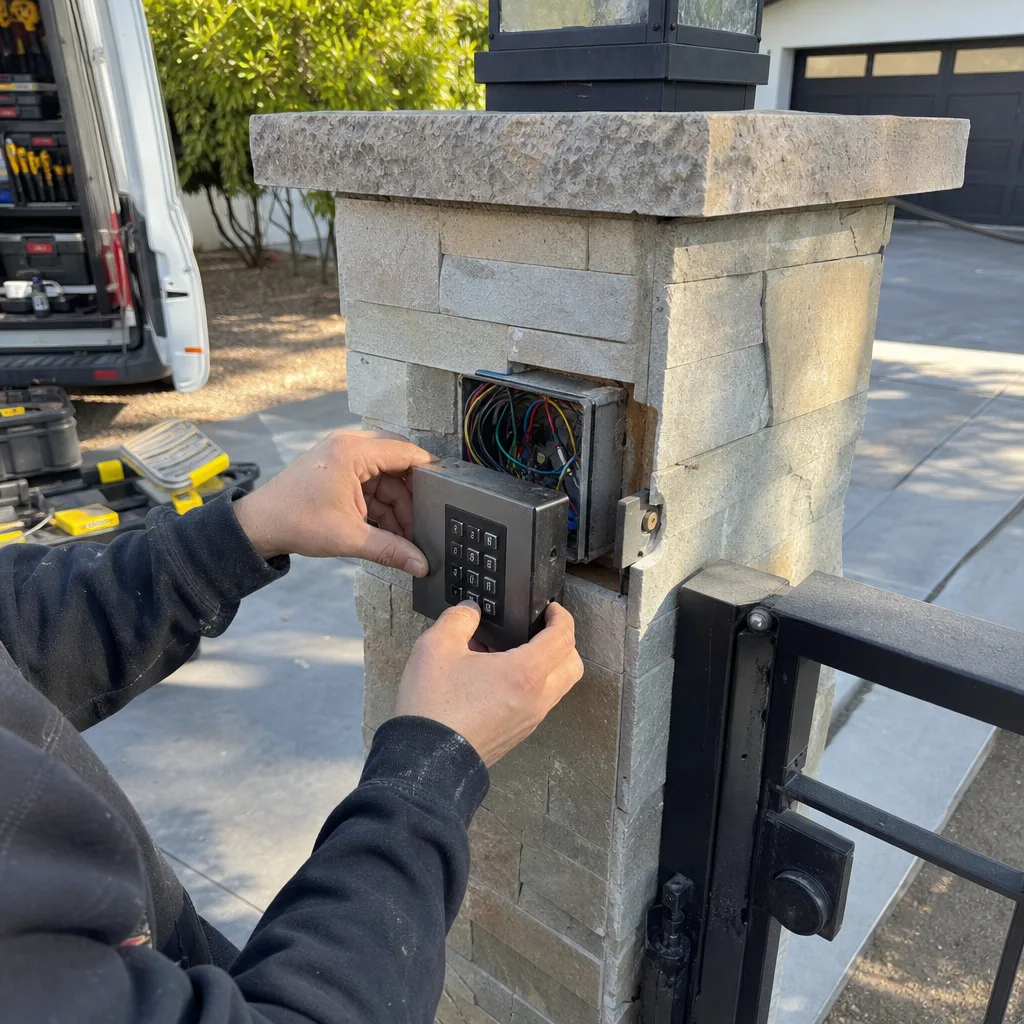 Technician installing digital gate access control keypad on a stone pillar nationwide
