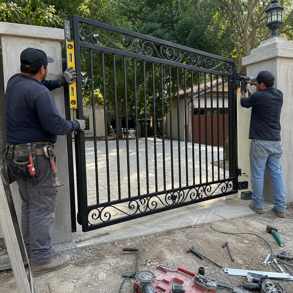 Two professional contractors installing a custom wrought iron driveway gate.