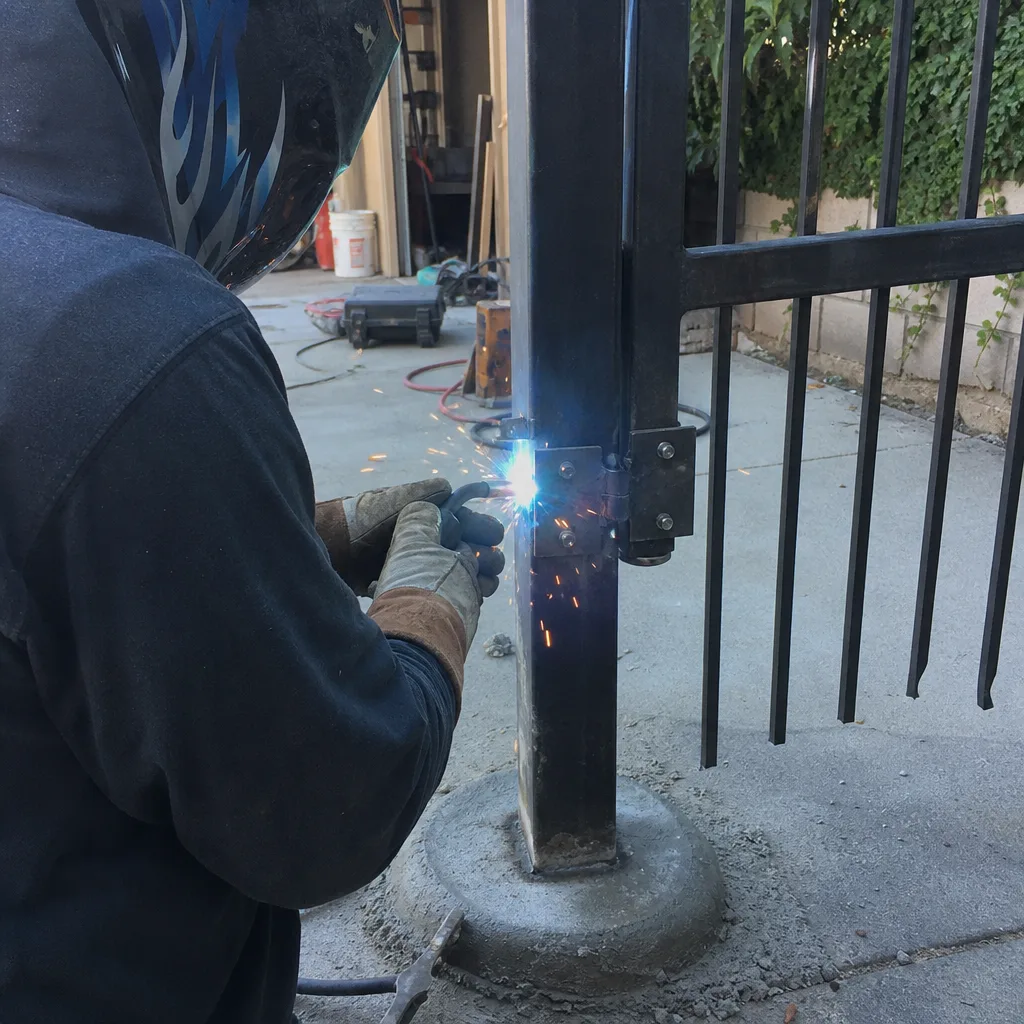 Welder repairing a metal gate hinge on a residential fence post.