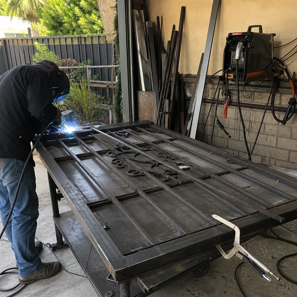 A professional welder performing gate repair and metal fabrication in a workshop. nationwide
