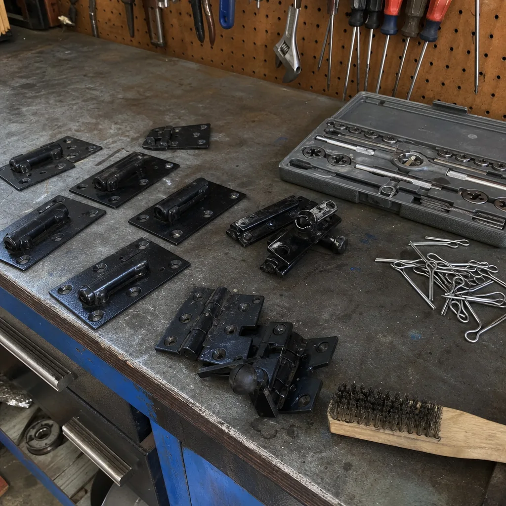 Assorted black steel gate hinges and hardware on a workshop bench nationwide