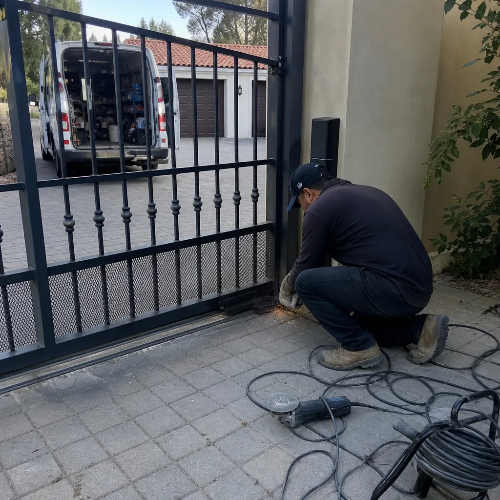 Technician using an angle grinder to perform metal gate repair services